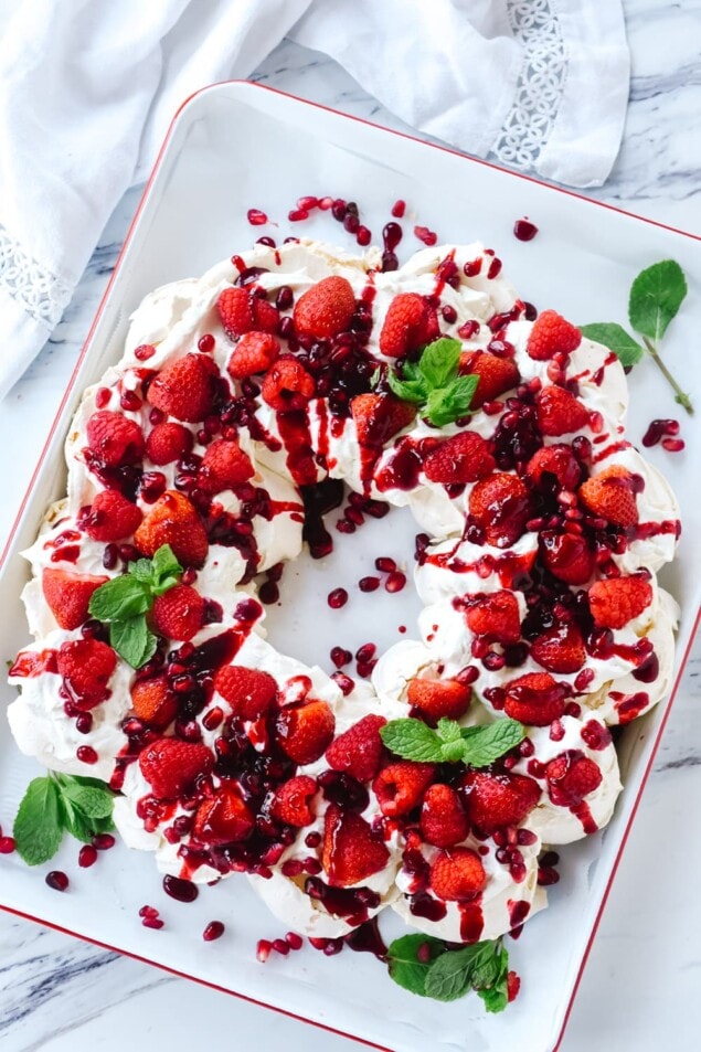 overhead shot of pavlova wreath