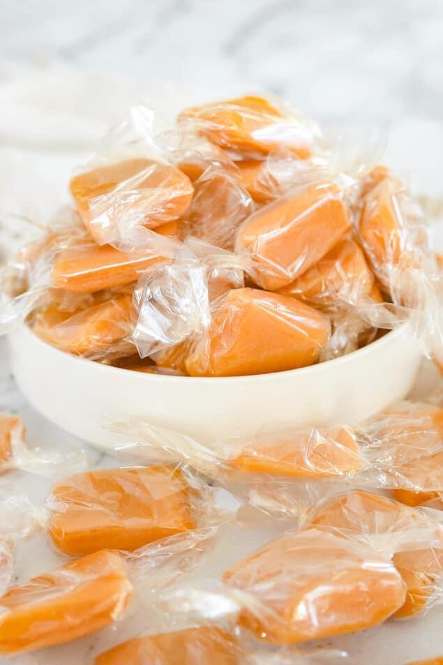 bowl of homemade caramels